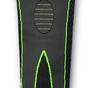 Rodillera extra larga negra con detalles en verde neón y almohadilla para soporte.