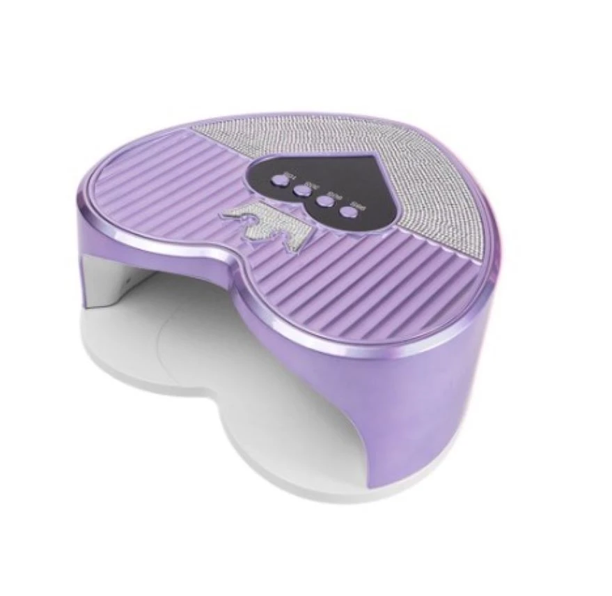 Lámpara de uñas profesional UV LED color morado con diseño en forma de corazón, detalles brillantes y panel superior con botones para temporizador.