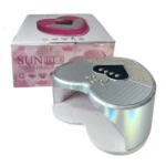 Lámpara UV LED profesional SUN BT-8 de 288W color plateado tornasol con diseño de corazón, cristales decorativos, corona y caja de empaque rosada.