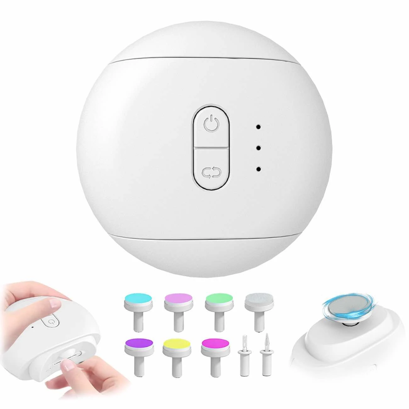 Cortaúñas eléctrico blanco redondo para bebés y adultos con 7 accesorios intercambiables y luz LED.