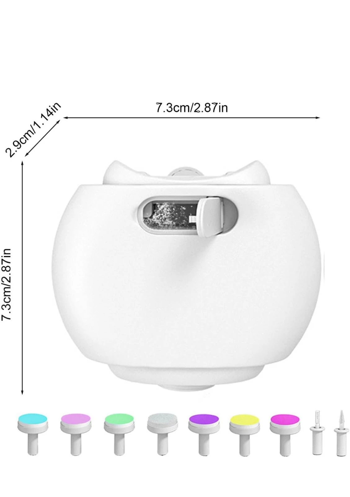 Cortaúñas eléctrico blanco para bebés y adultos, con 6 cabezales intercambiables de colores.