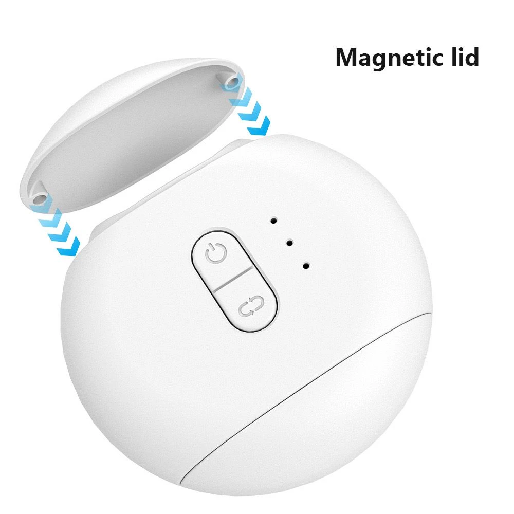 Corta uñas eléctrico blanco con tapa magnética abierta y botones de control.