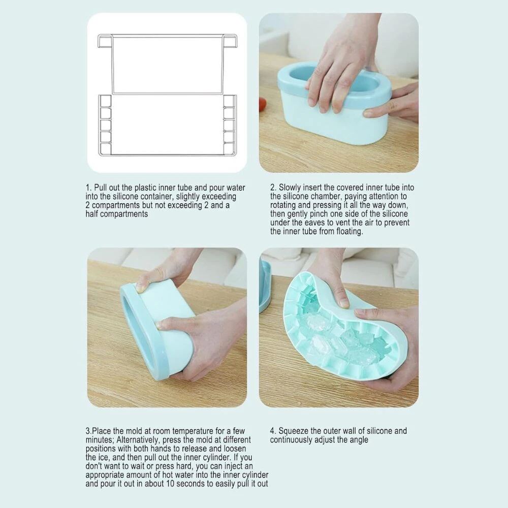Molde de silicona para cubos de hielo, azul, con instrucciones de uso en pasos.