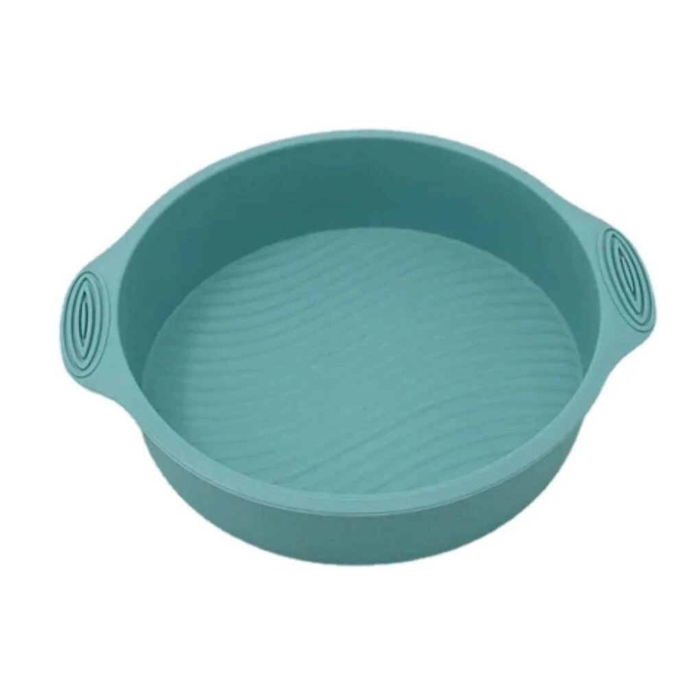 Molde circular de silicona color turquesa con textura ondulada interna y asas laterales para Air Fryer.
