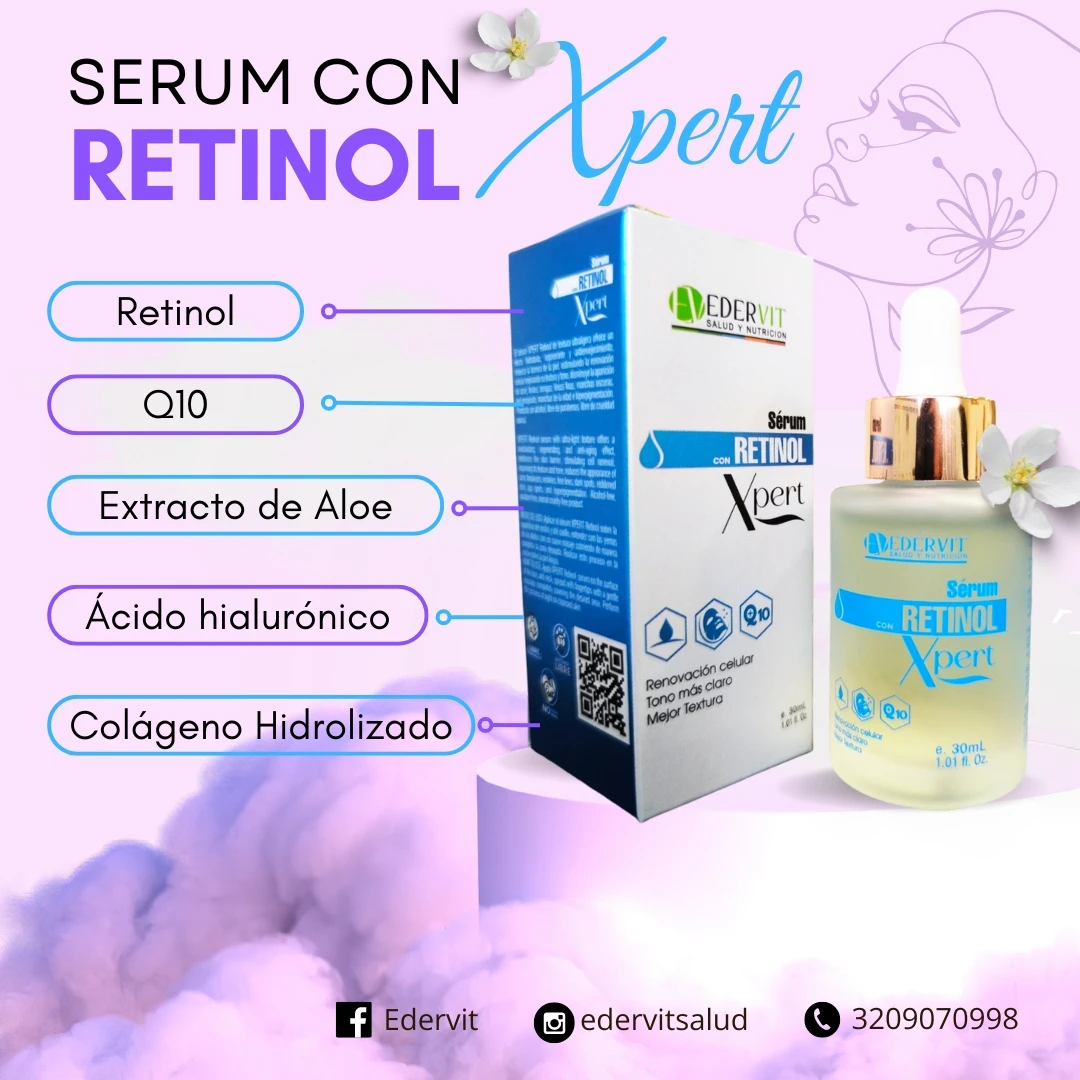 Serum con Retinol X 30ml de Edevit, con lista de ingredientes y botella de vidrio.