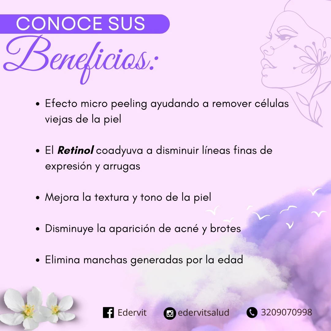 Serum con Retinol: Beneficios para la piel, como micro peeling, reducción de líneas finas, mejora de textura, y eliminación de manchas.