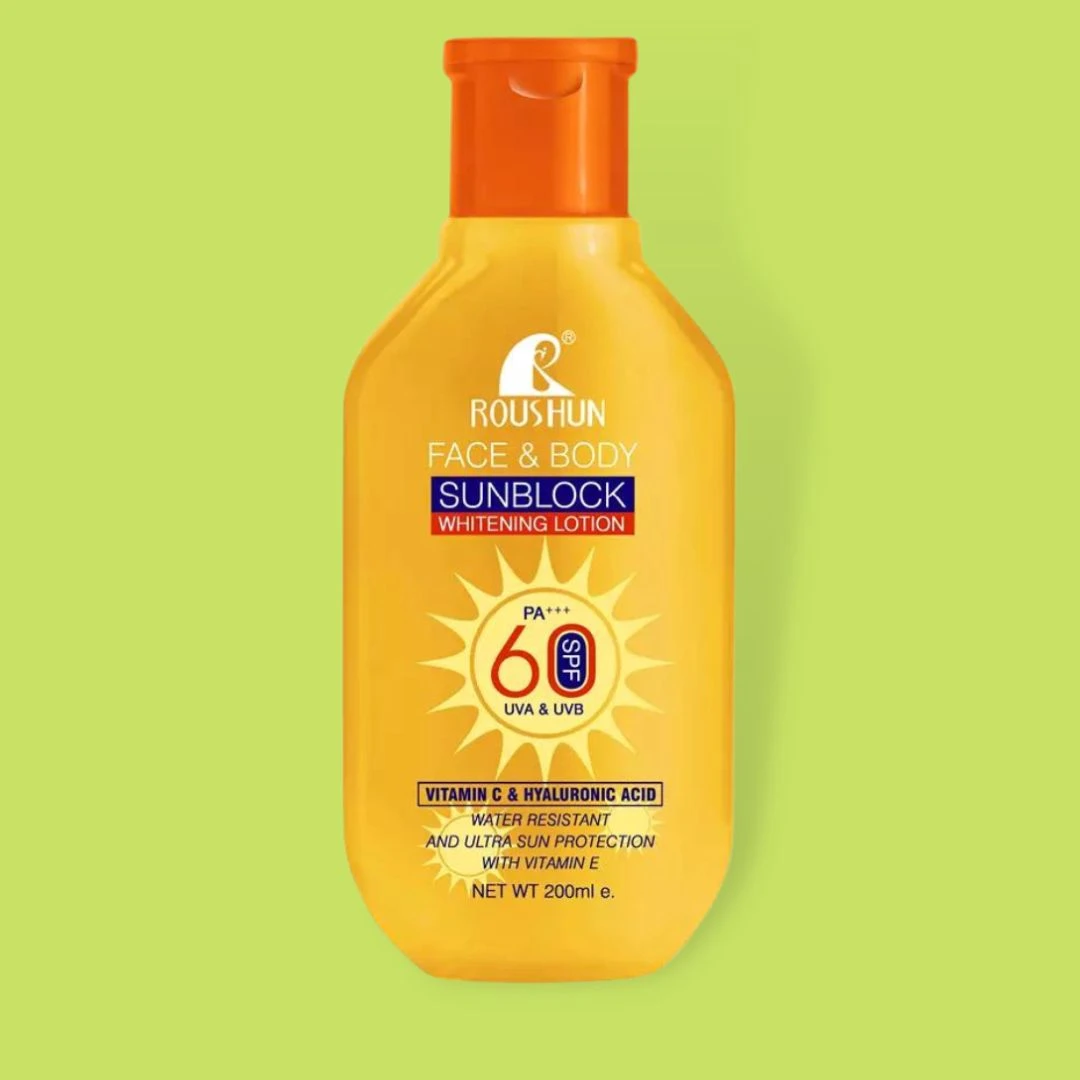 Bloqueador solar Roushun FPS 60, loción blanqueadora para rostro y cuerpo, 200ml, con Vitamina C y Ácido Hialurónico.