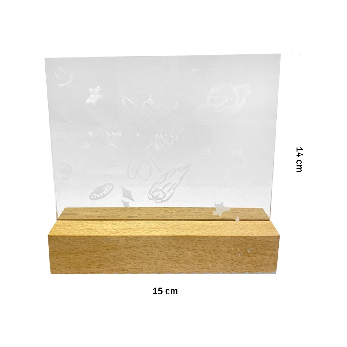 Pizarra acrílica borrable con diseño espacial sobre base de madera, mide 14x15 cm.