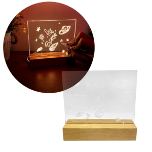 Lámpara LED 3D con pizarra acrílica para notas, incluye marcador, ideal para mensajes luminosos personalizados.