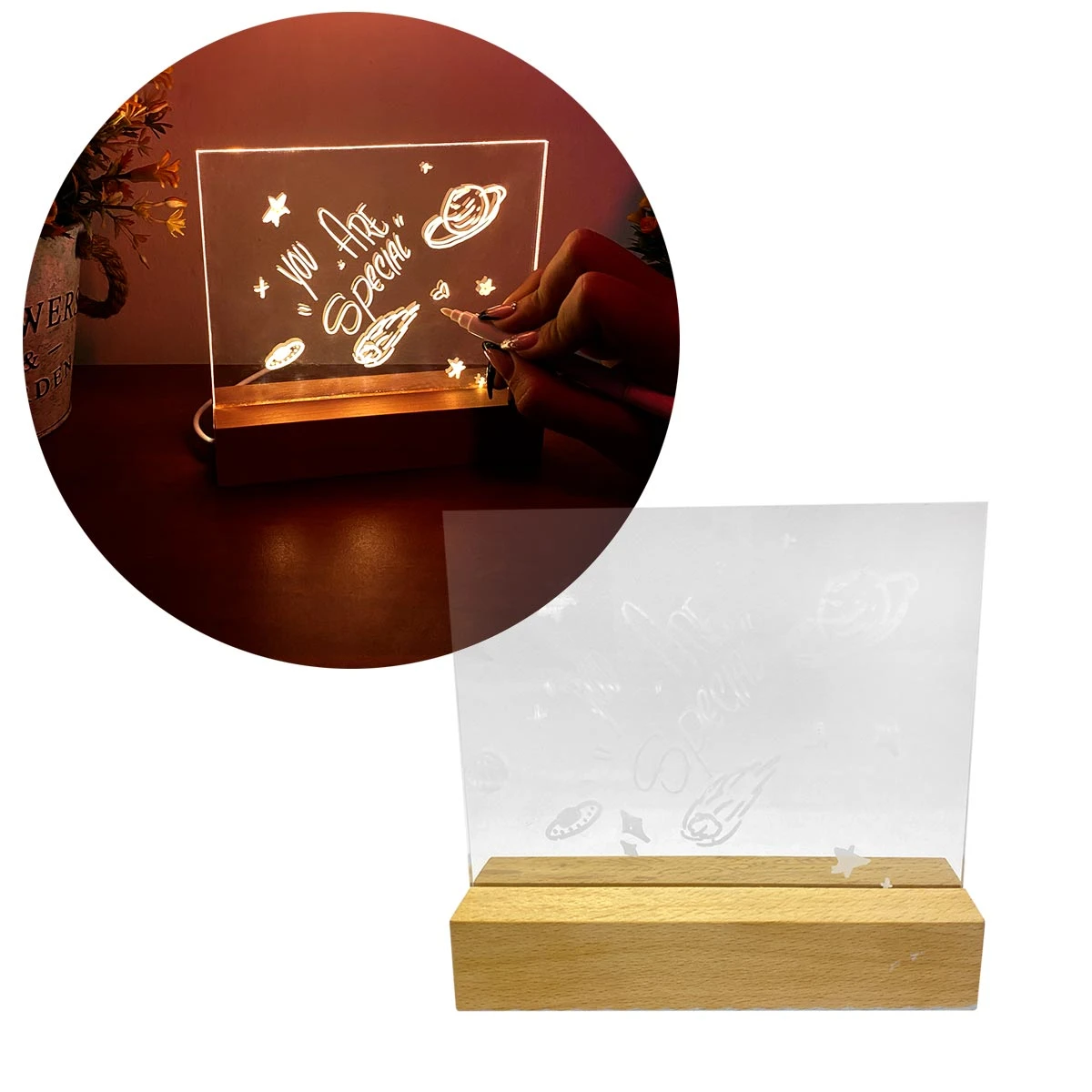 Lámpara LED 3D con pizarra acrílica para notas, incluye marcador, ideal para mensajes luminosos personalizados.
