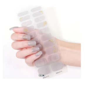 Stickers de uñas gris con diseño dorado, manicura profesional para dedos de mano.