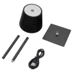 Lámpara LED metálica negra minimalista con interruptor táctil, dos tubos, base cuadrada y cable USB.