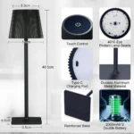 Lámpara LED negra minimalista 40.5cm de altura, control táctil, puerto Tipo-C, metal duradero, base reforzada.