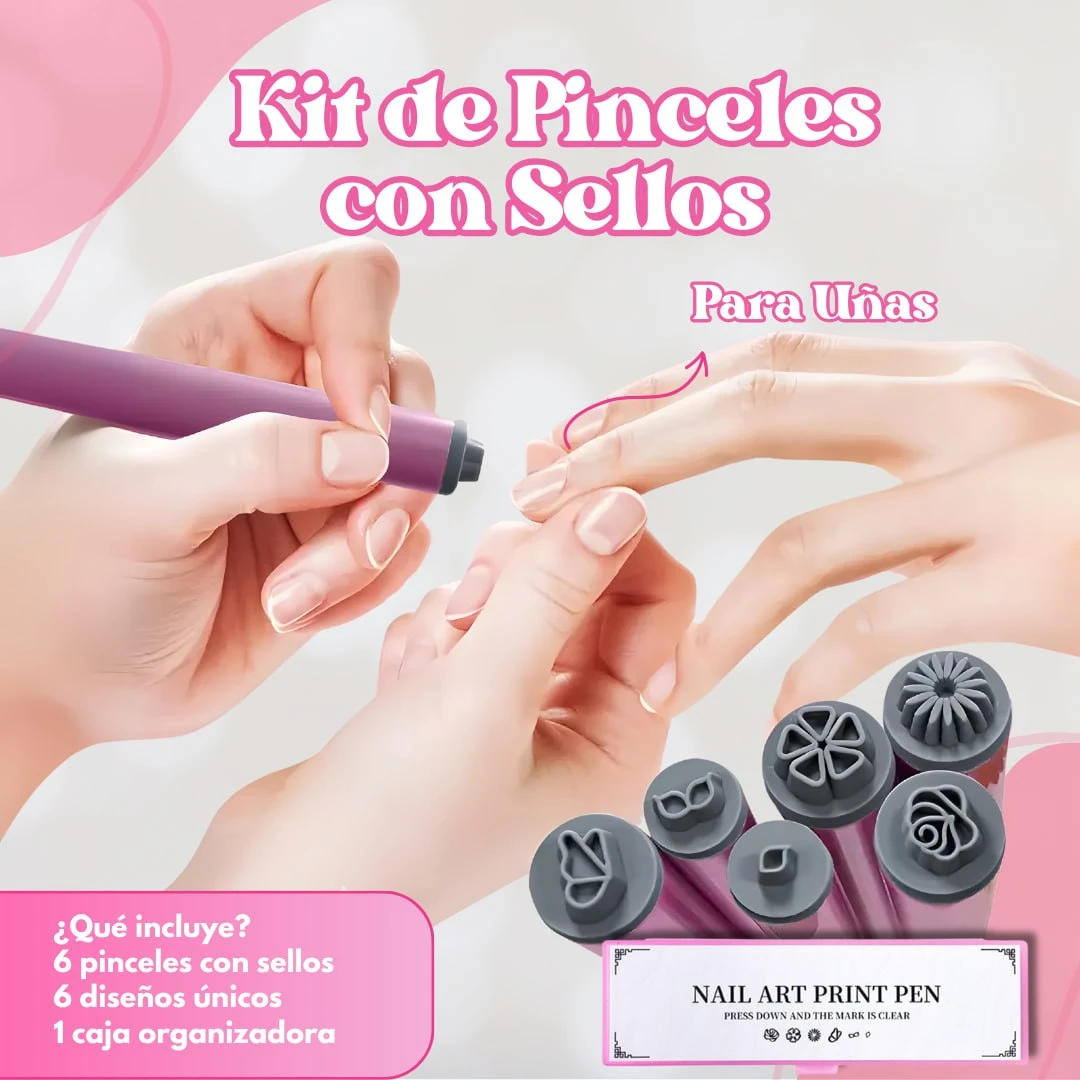 Set de 6 pinceles de silicona con sellos para diseño de uñas, incluye caja organizadora y moldes con formas de flores, mariposas y figuras decorativas.