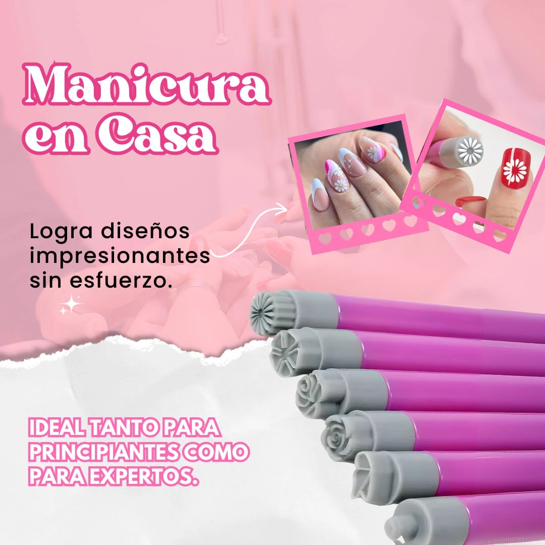 Set de seis pinceles de silicona para uñas con puntas moldeadas en forma de flores y figuras, ideales para crear diseños decorativos profesionales en casa.