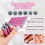 Set de 6 pinceles de silicona color rosa para diseño de uñas, con puntas intercambiables de formas florales y decorativas para manicura profesional en casa.