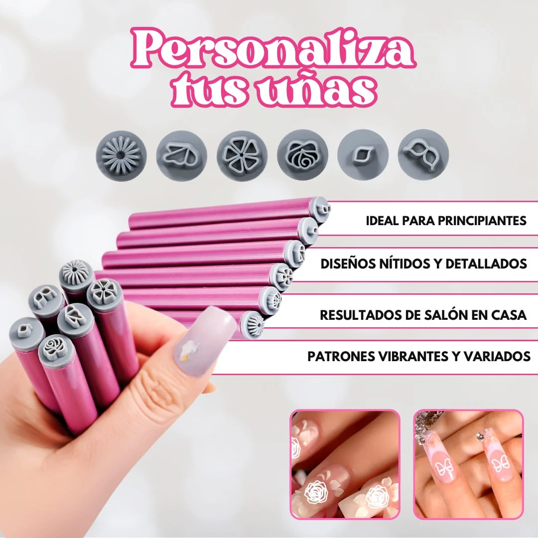 Set de 6 pinceles de silicona color rosa para diseño de uñas, con puntas intercambiables de formas florales y decorativas para manicura profesional en casa.