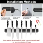 Guía de instalación para base magnética de cuchillos negra de 33cm, mostrando marcación, perforación, anclaje e inserción de tornillos.