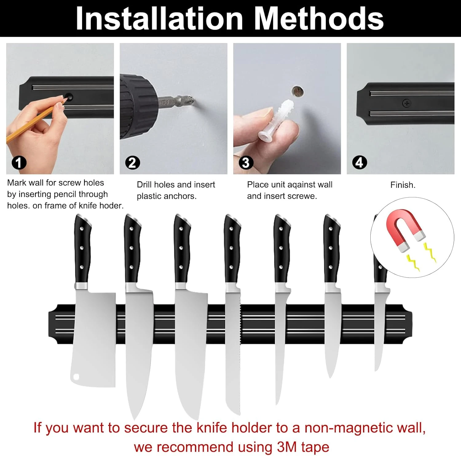 Guía de instalación para base magnética de cuchillos negra de 33cm, mostrando marcación, perforación, anclaje e inserción de tornillos.