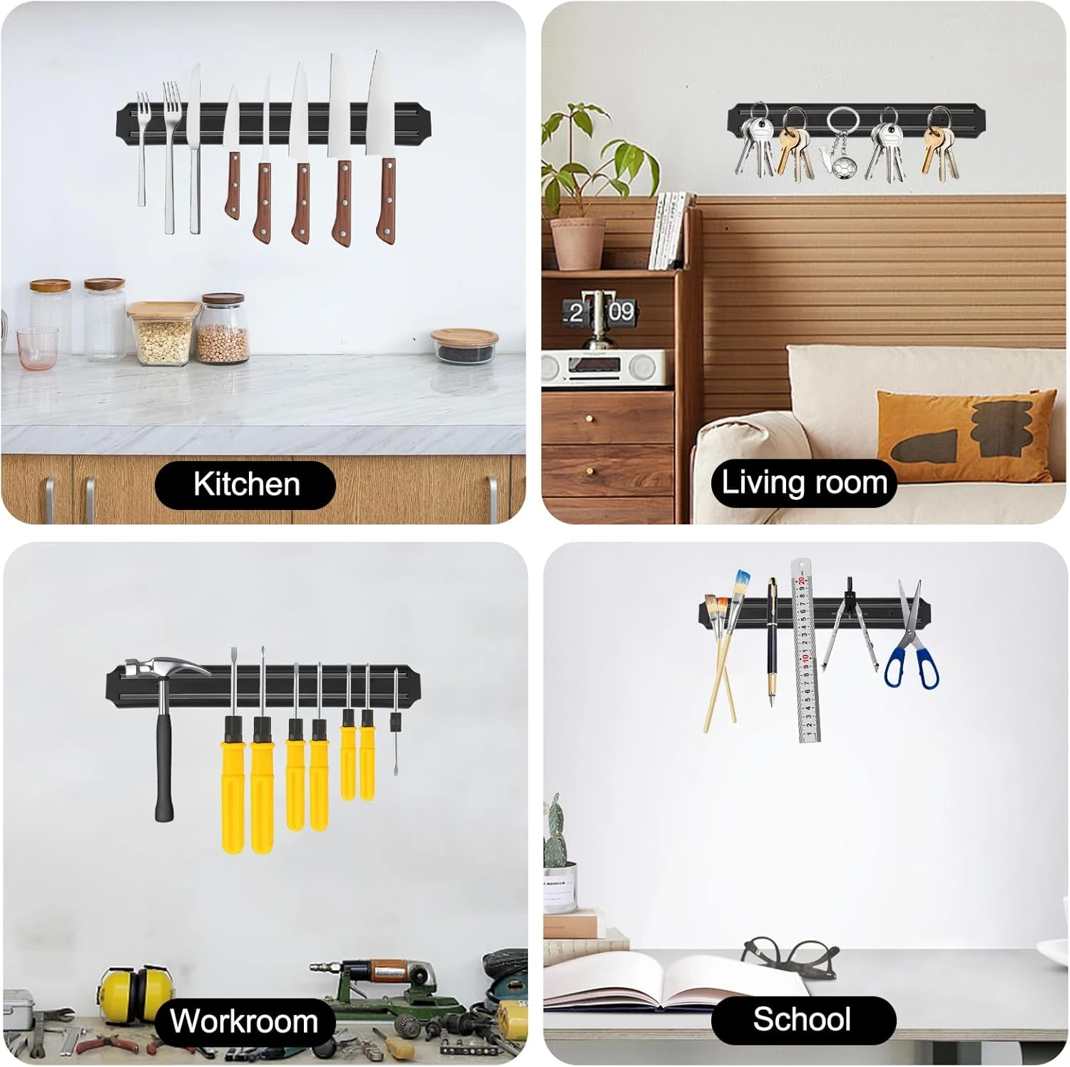 Base magnética negra de 33 cm exhibiendo cuchillos, llaves, herramientas y útiles escolares en cocina, sala, taller y estudio.