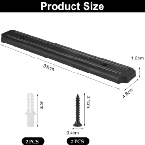 Barra magnética para cuchillos negra de 33cm x 4.8cm, con 2 taquetes de 3cm y 2 tornillos de 3.1cm.
