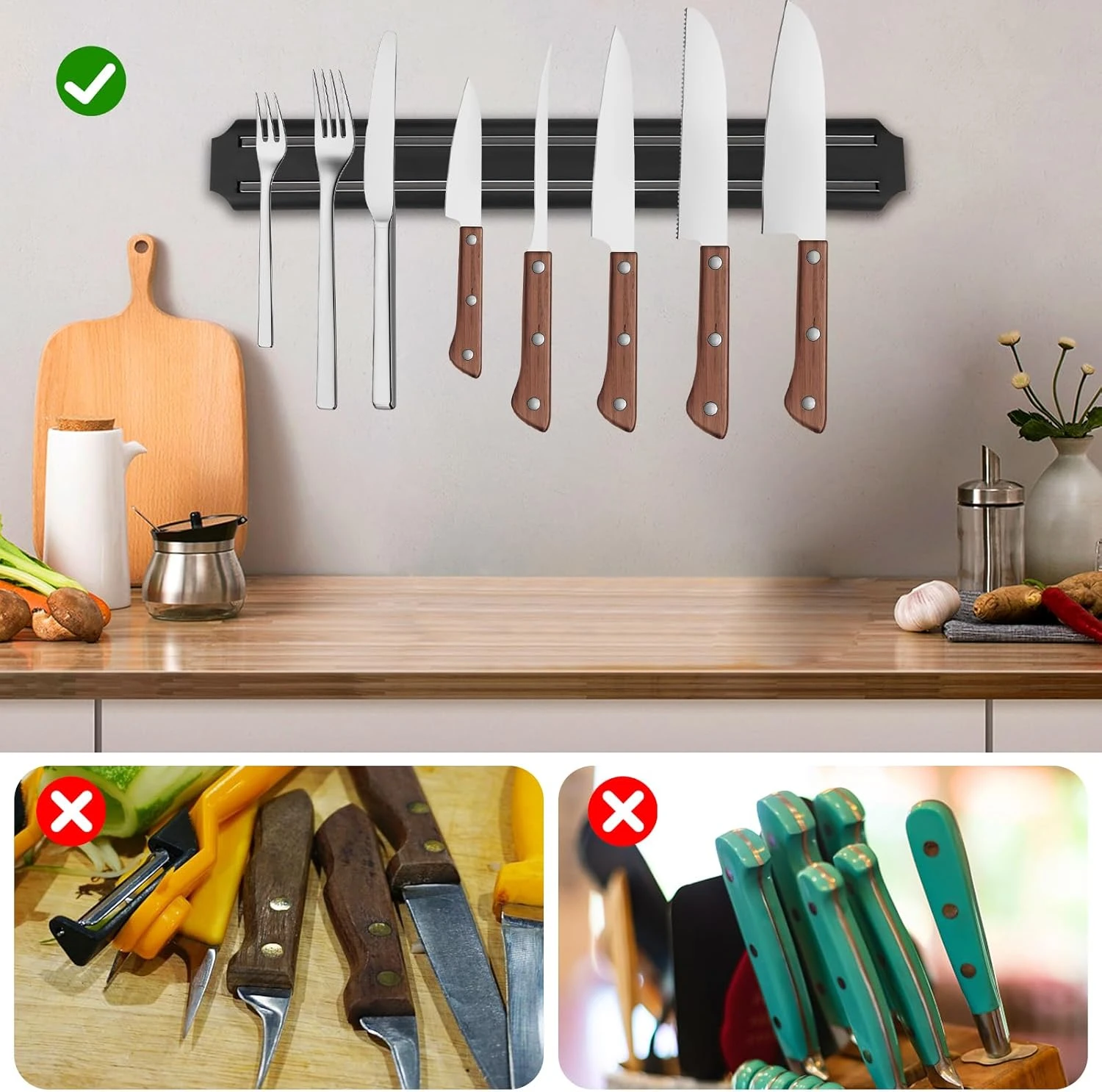 Base imantada negra de 33cm sosteniendo cuchillos y tenedores de mango madera. Ejemplos de uso correcto e incorrecto.
