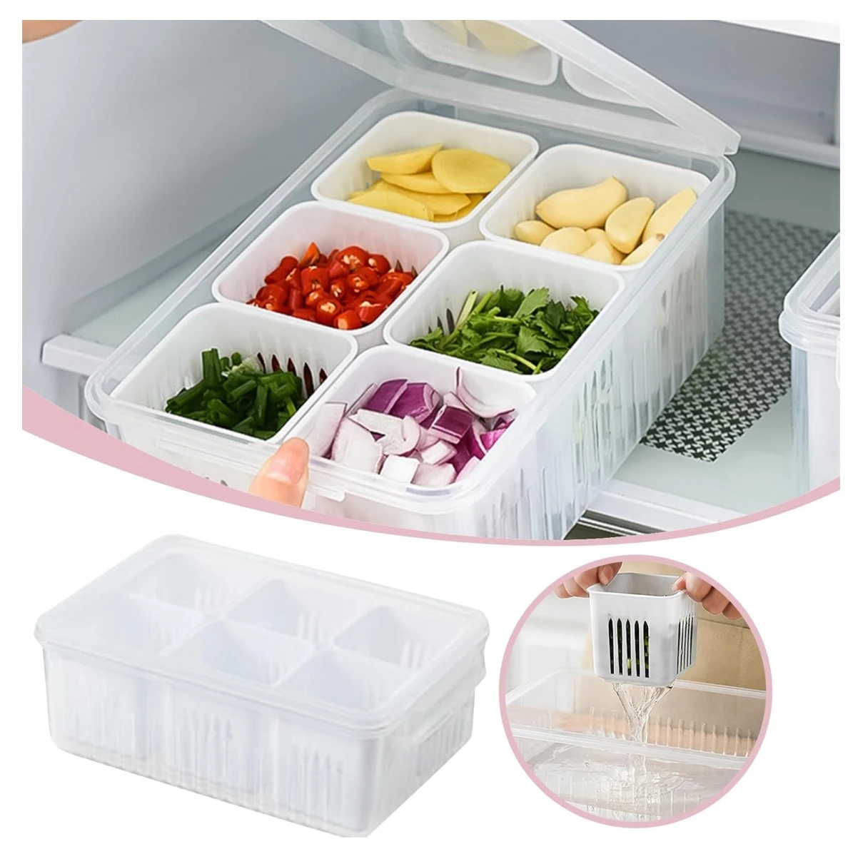 Organizador multipropósito transparente para nevera con seis recipientes internos extraíbles, ideal para drenar y conservar vegetales y especias frescas.
