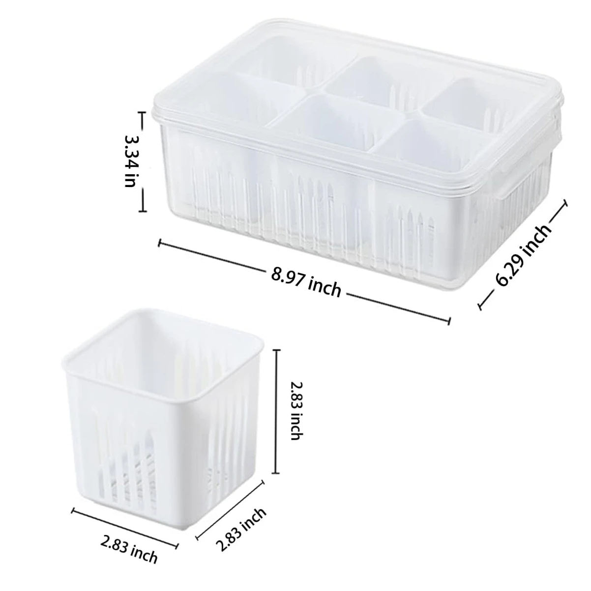 Organizador de alimentos transparente con tapa, incluye 6 canastos internos blancos. Dimensiones: 8.97 x 6.29 x 3.34 pulgadas, canastos de 2.83 pulgadas.