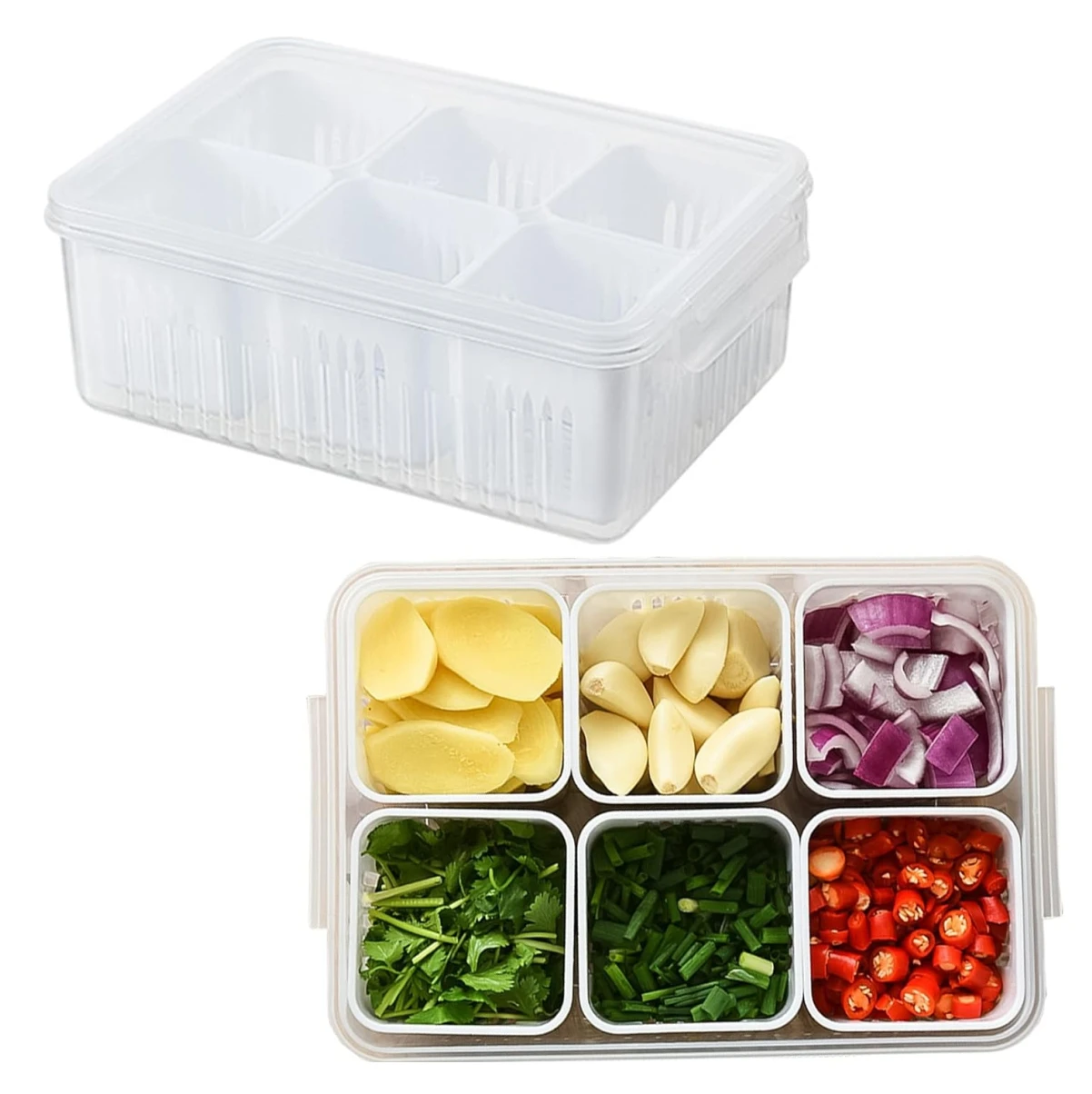 Organizador multipropósito transparente con tapa y seis recipientes internos removibles, conteniendo jengibre, ajo, cebolla, cilantro, cebollín y ají.