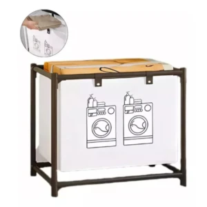 Cesta organizadora de ropa blanca con marco metálico y diseño de lavadoras.