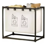 Cesta organizadora de ropa X1, blanca con estampado de lavadoras, estructura metálica negra.