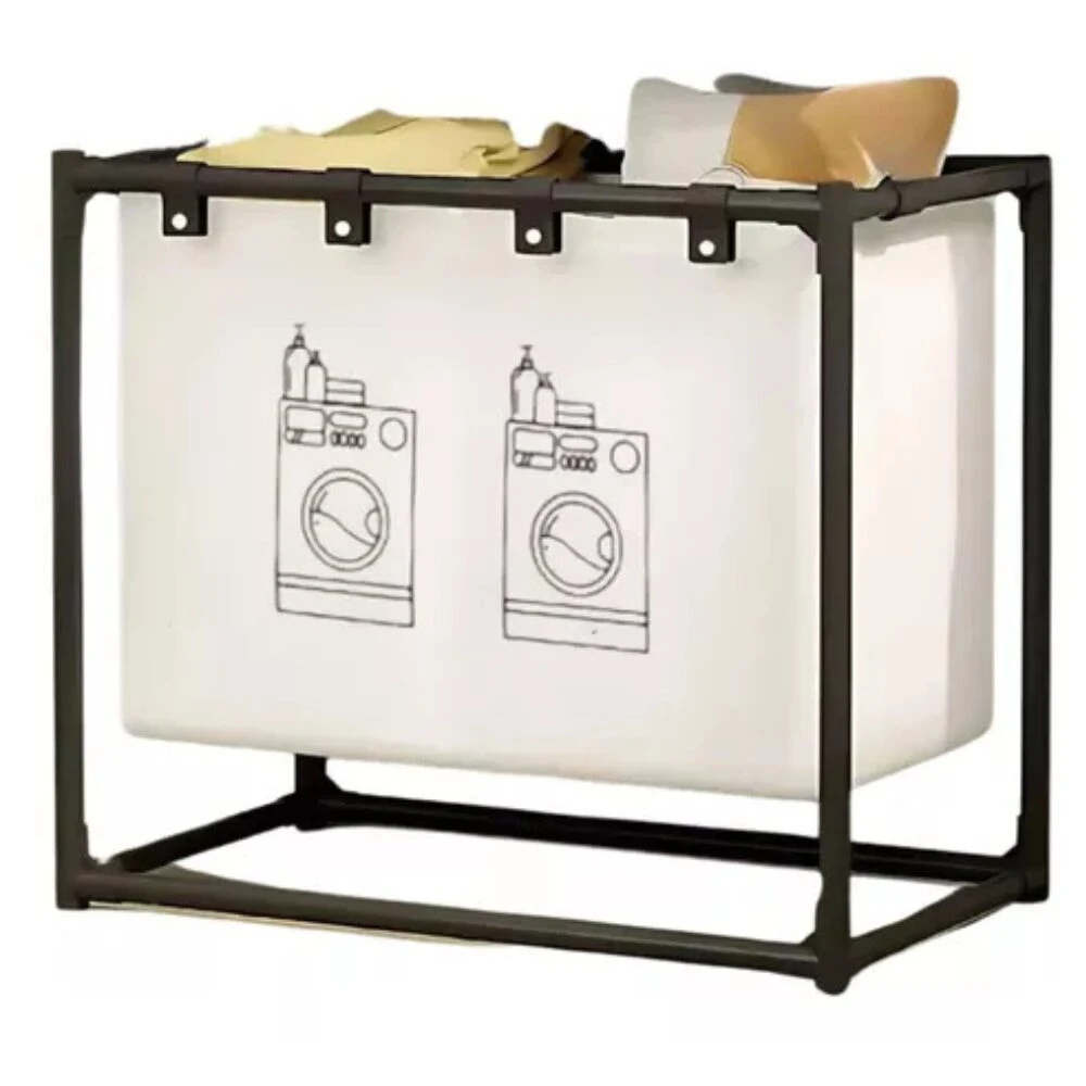 Cesta organizadora de ropa X1, blanca con estampado de lavadoras, estructura metálica negra.