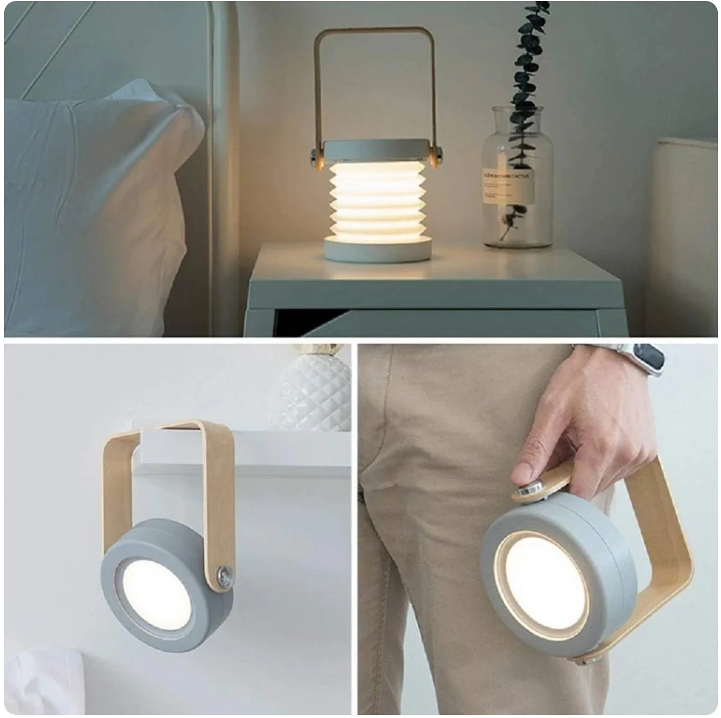 Lámpara recargable plegable tipo acordeón con asa de madera, convertible en linterna de mano o lámpara de mesa con luz LED cálida y cuerpo color gris.