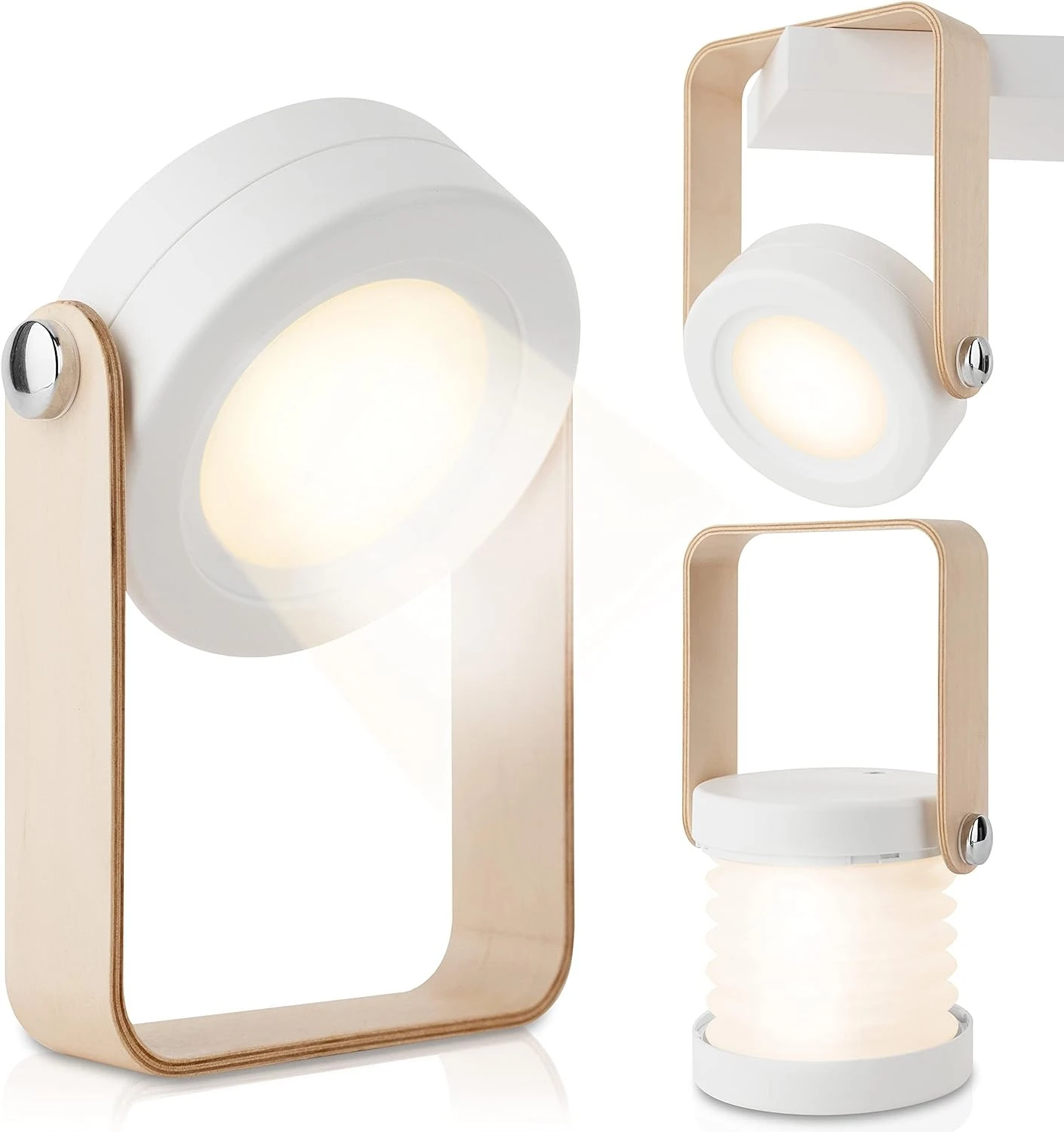Lámpara recargable blanca con mango de madera, diseño plegable tipo acordeón, mostrada en tres posiciones: de mesa, suspendida y extendida como farol.