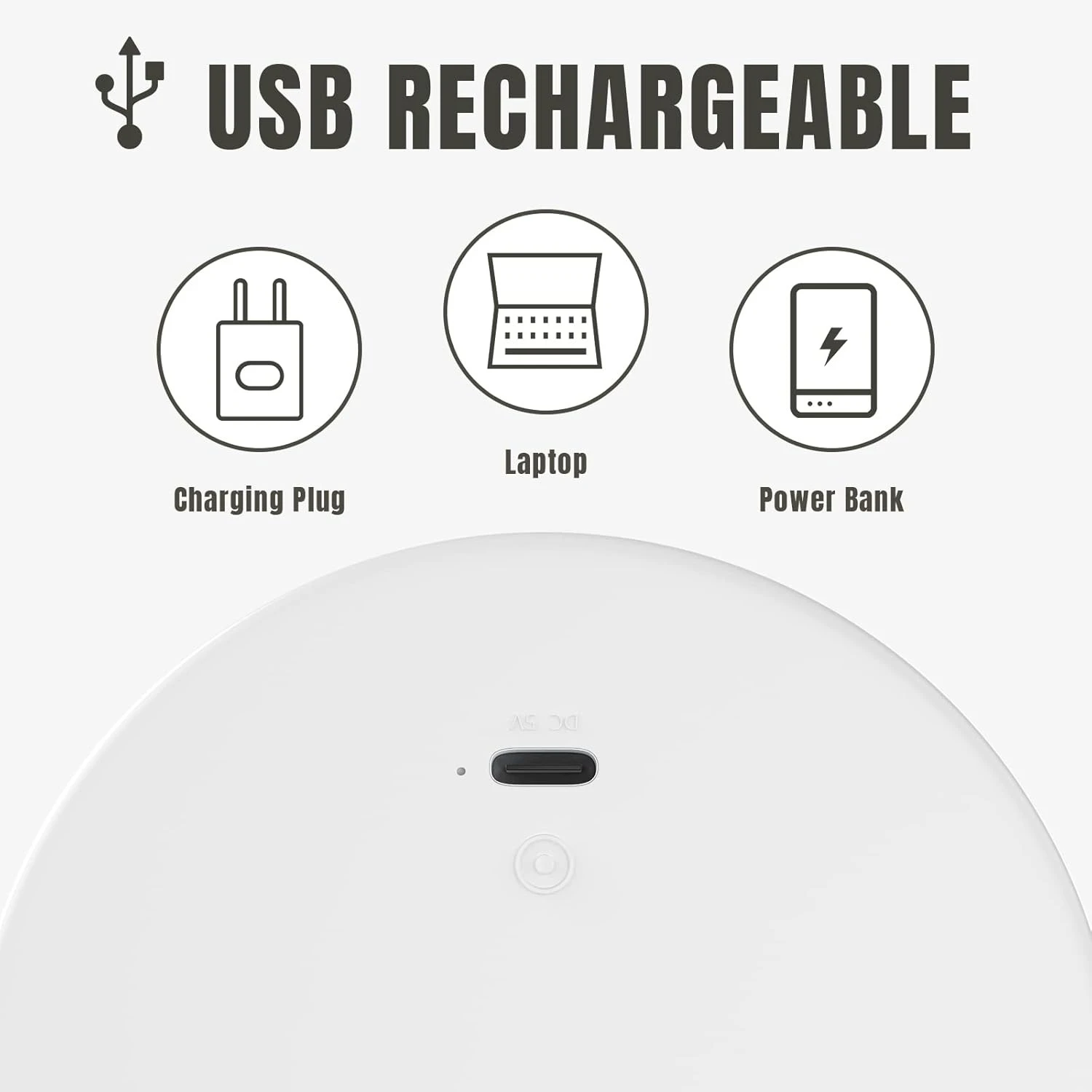 Lámpara recargable estilo acordeón con puerto de carga USB-C, compatible con adaptadores de pared, computadoras y baterías externas.