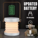 Lámpara recargable estilo acordeón color blanco con manija de madera, muestra iconos de carga USB, 2 horas de carga, 3 a 10 horas de uso y batería 1200mAh