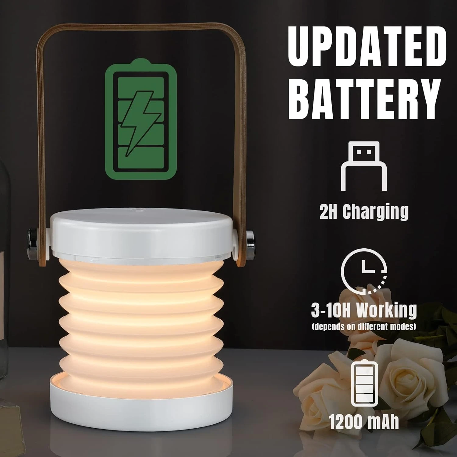 Lámpara recargable estilo acordeón color blanco con manija de madera, muestra iconos de carga USB, 2 horas de carga, 3 a 10 horas de uso y batería 1200mAh