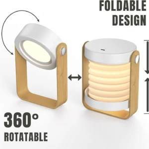 Lámpara recargable tipo acordeón con base de madera, muestra diseño plegable y cabezal rotativo de 360 grados con luz cálida en dos posiciones.