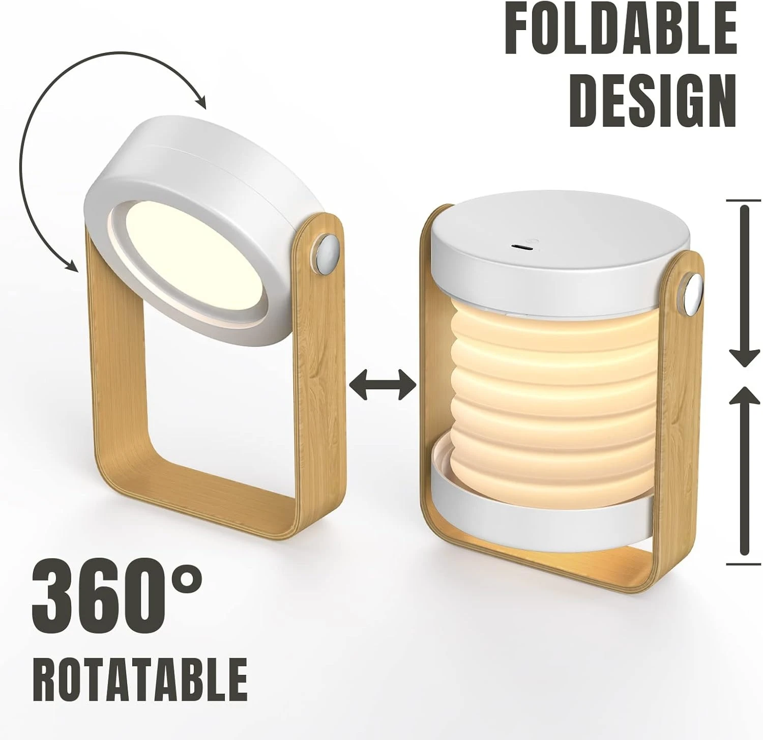 Lámpara recargable tipo acordeón con base de madera, muestra diseño plegable y cabezal rotativo de 360 grados con luz cálida en dos posiciones.