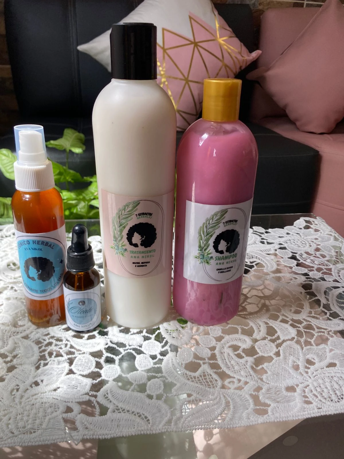 Kit capilar anticaída con tónico herbal, gotero, tratamiento y shampoo rosa, ideal para nutrir, reparar y dar brillo al cabello.