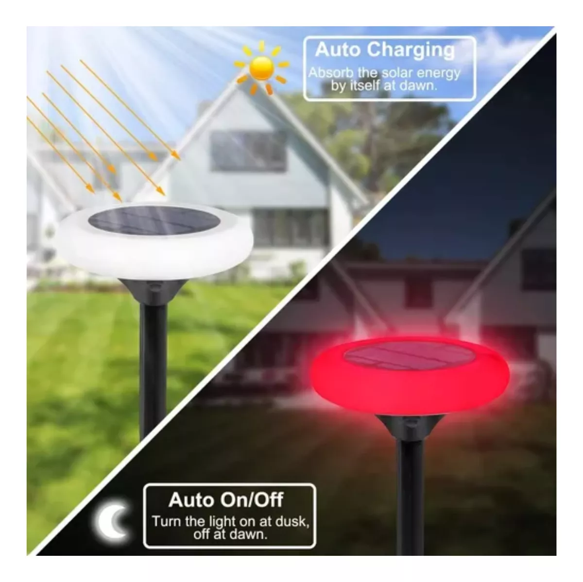Lámpara solar decorativa RGB para exteriores, carga automática, enciende al anochecer y se apaga al amanecer.