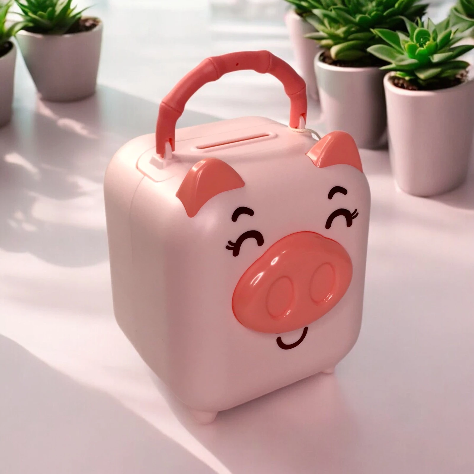 Alcancía rosa con forma de cerdo, cara sonriente, tapa de ranura y asa para transportar, sobre superficie blanca.