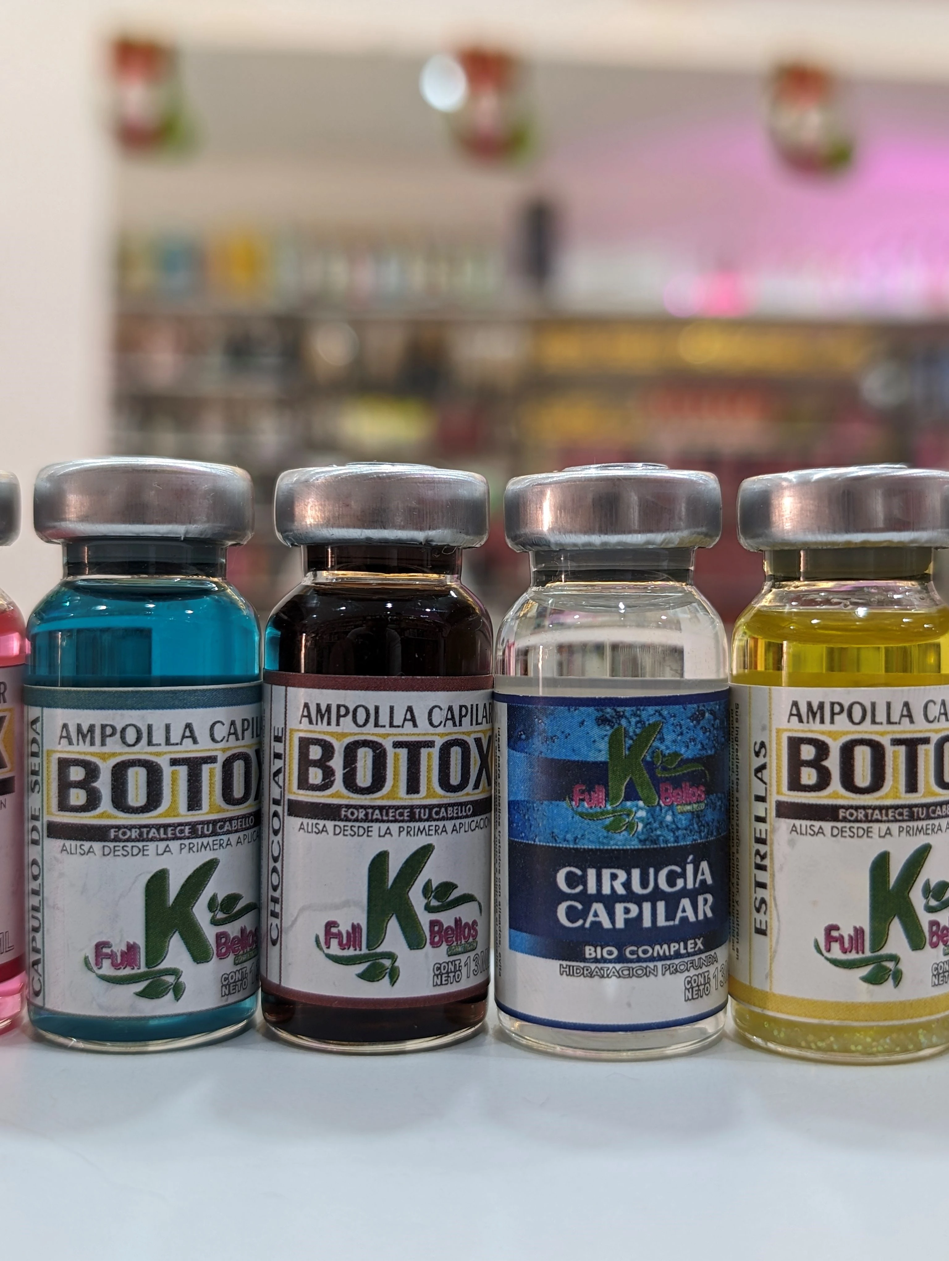 Ampollas capilares Botox tratamiento intensivo, colores azul, café, transparente y amarillo, para hidratar y eliminar frizz.