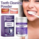 Polvo blanqueador dental morado Oralhoe, con envase y caja morados, para dientes más blancos en 3 días.