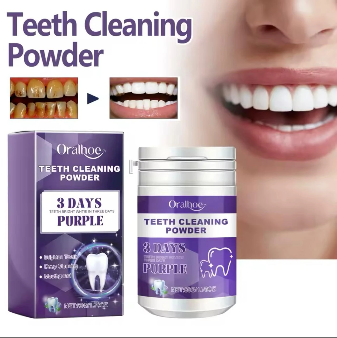 Polvo blanqueador dental Oralhoe morado para limpieza profunda y dientes más blancos en 3 días.