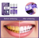 Polvo blanqueador dental morado Oralhoe, limpieza profunda, caja y envase, antes y después de blanquear dientes.