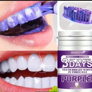 Polvo blanqueador dental morado "3 Days" en acción, limpiando dientes y cepillo, con bote del producto.