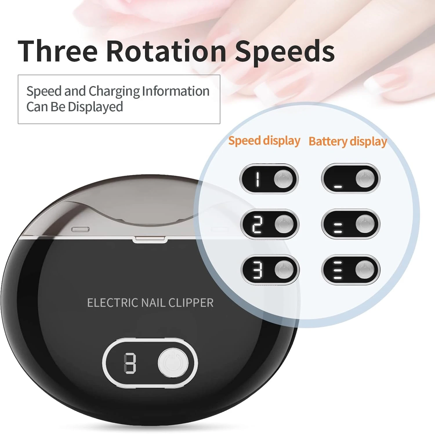 Corta uñas eléctrico negro con pantalla que muestra velocidad 3 y nivel de batería bajo.