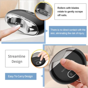 Corta uñas eléctrico negro de diseño ergonómico, muestra corte suave sin contacto con la piel.