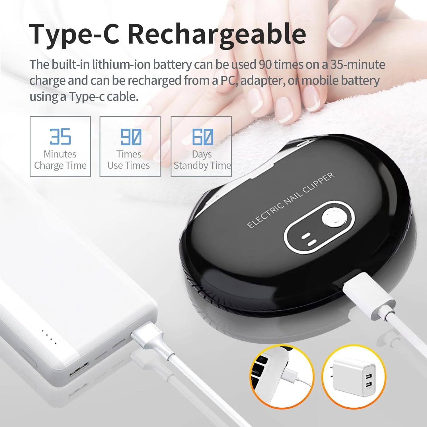 Cortaúñas eléctrico recargable tipo C negro, carga en 35 min, 90 usos, 60 días en espera, se carga con power bank.